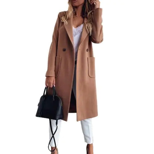 Women's Wool Coat with Double Pockets and Suit Collar