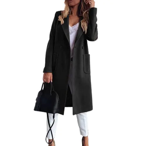 Women's Wool Coat with Double Pockets and Suit Collar